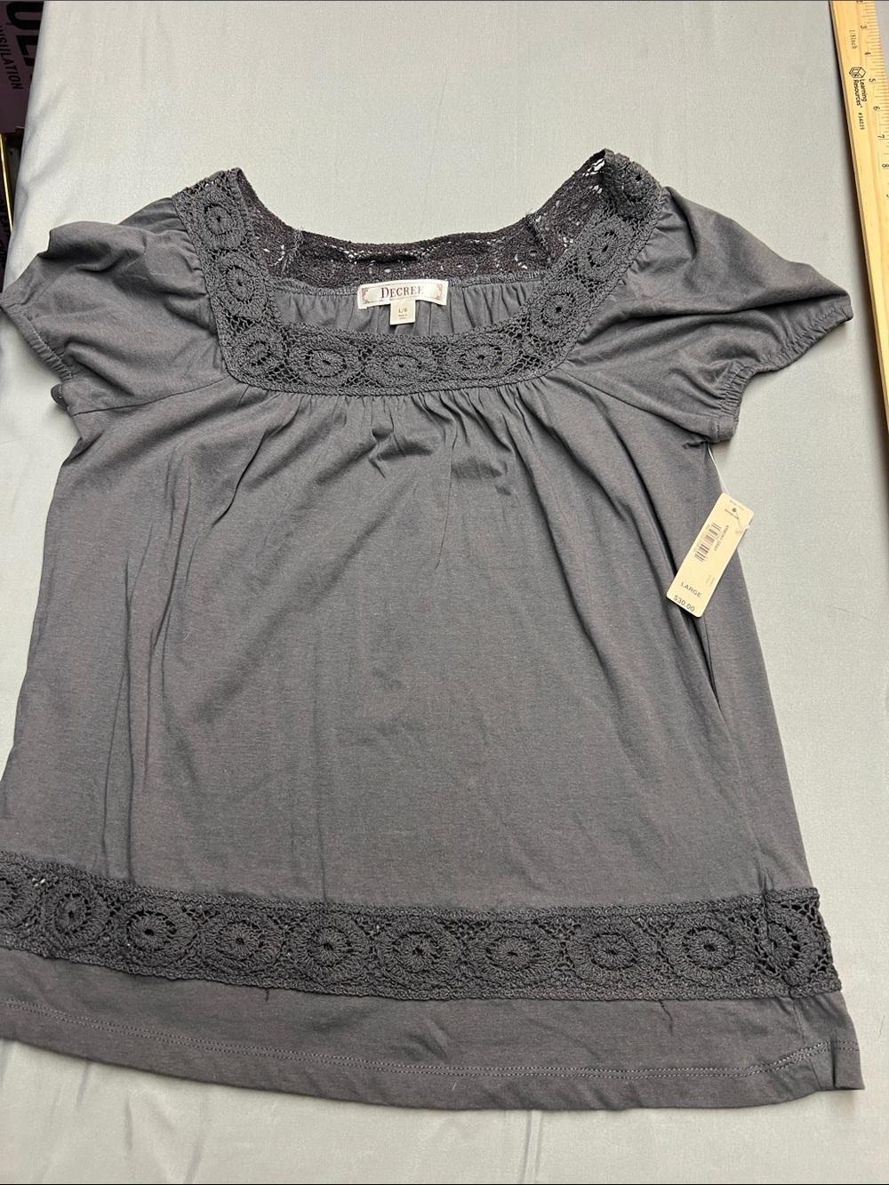 Decree Charcoal Gray Crochet-Trim Short Sleeve Top 0866-a1